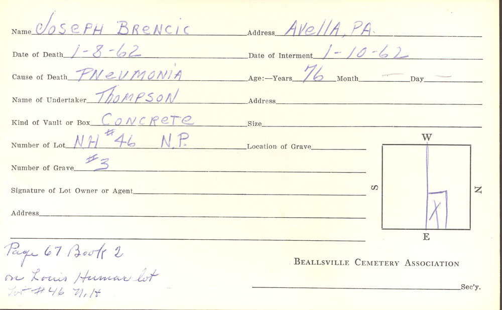 Joseph Brencic burial card